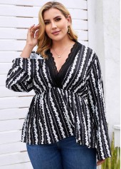 Plus Size Printed Lace Trim Blouse