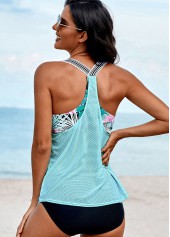 Sky Blue swimwear,Plants swimwear,Mesh Stitching Tribal Print Tankini Set