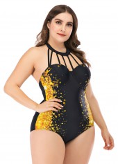Black plus size,Floral plus size,Plus Size Halter Printed One Piece Swimwear