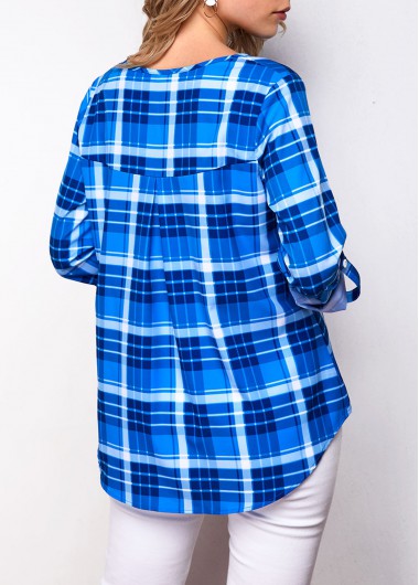 Blue tops,Plaid tops,ROTITA Plaid Print Roll Tab Sleeve Blouse