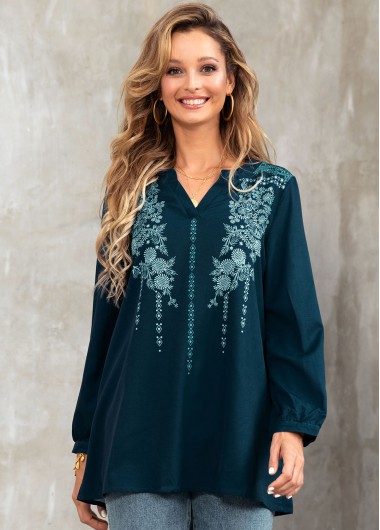 Green tops,Floral tops,ROTITA Split Neck Tribal Print Long Sleeve Blouse