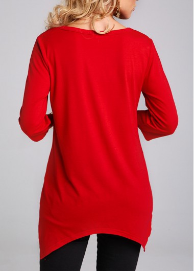 Red tops,Letter tops,ROTITA Asymmetric Hem Heart and Letter Print 3/4 Sleeve T Shirt