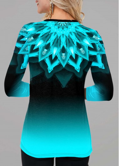 Blue tops,Ombre tops,ROTITA Long Sleeve Printed Ombre Button T Shirt