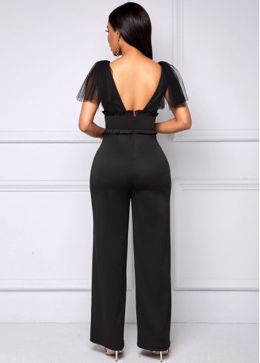 Black jumpsuits & rompers,Plain Color jumpsuits & rompers,ROTITA Black Mesh Stitching V Neck Jumpsuit
