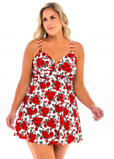 Red plus size,Floral plus size,ROTITA Floral Print Plus Size Spaghetti Strap Swimdress and Panty