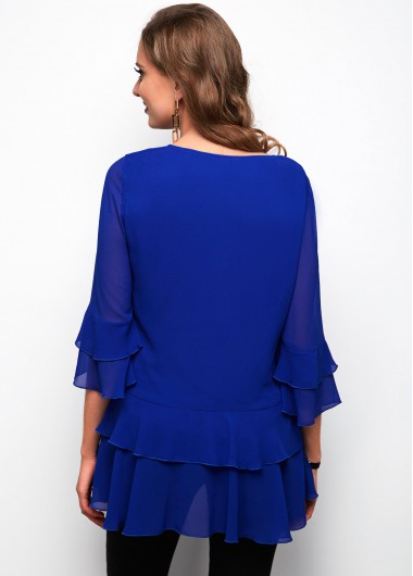 Royal Blue tops,Plain Color tops,ROTITA Flounce Layered Bell Sleeve V Neck Blouse