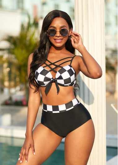 Multi Color swimwear,Plaid swimwear,ROTITA Bowknot High Waisted Plaid Bikini Set