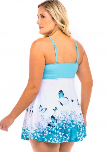 Blue plus size,Animal Print plus size,ROTITA Plus Size Butterfly Print Spaghetti Strap Swimdress and Panty