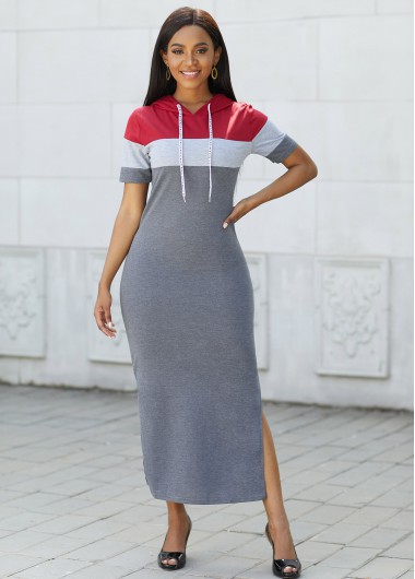 Grey dresses,Contrast Color dresses,Drawstring Hooded Collar Contrast Maxi Dress