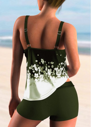 Olive Green swimwear,Ditsy Floral swimwear,ROTITA Floral Print Spaghetti Strap Ombre Tankini Set 