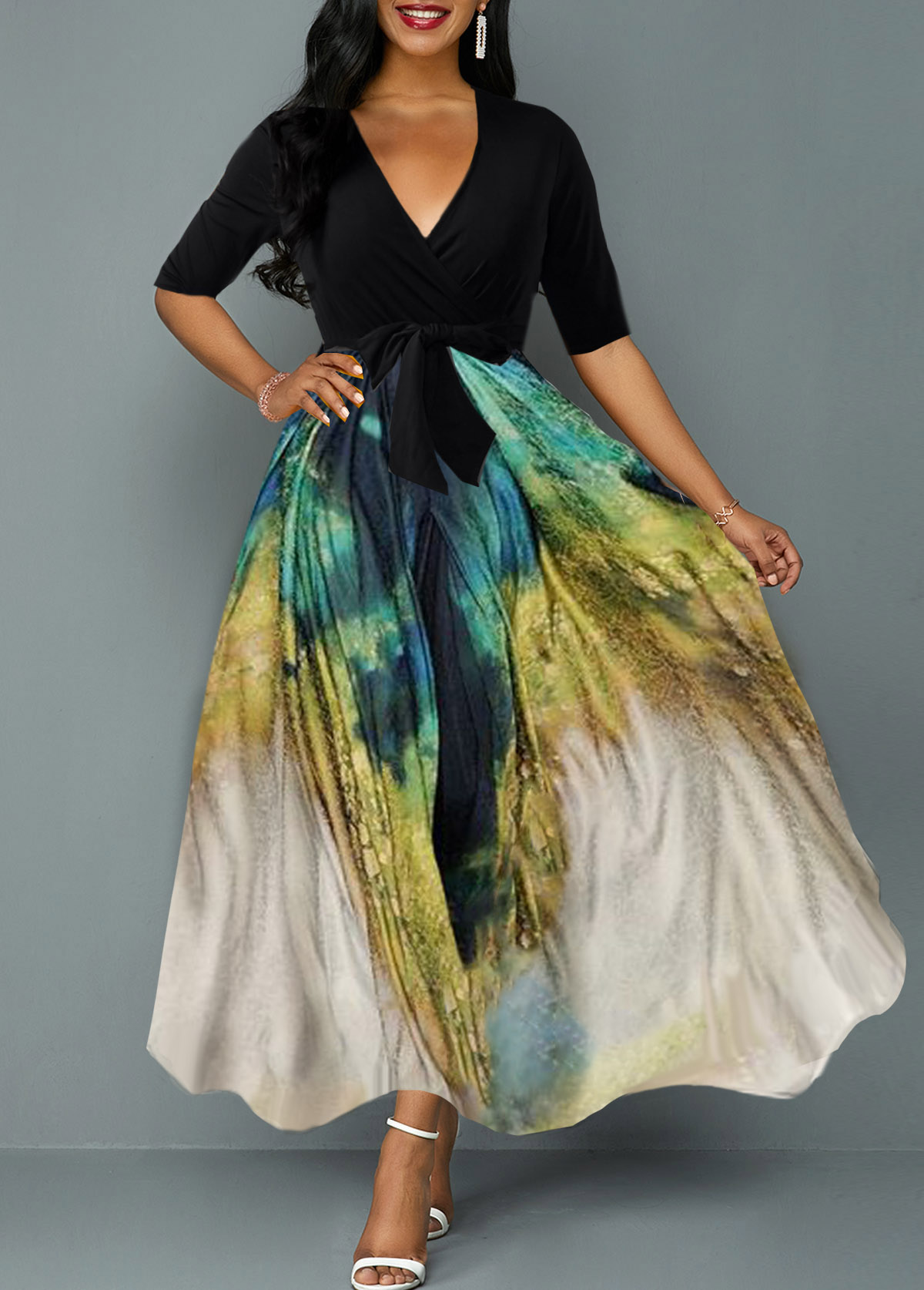 ROTITA Plunging Neck Tie Dye Print Belted Maxi Dress