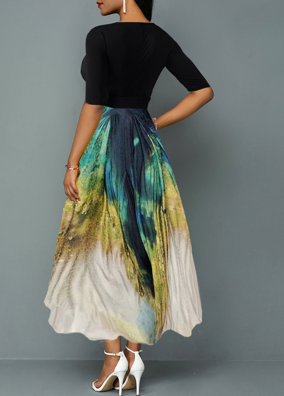 Black dresses,Tie Dye dresses,ROTITA Plunging Neck Tie Dye Print Belted Maxi Dress