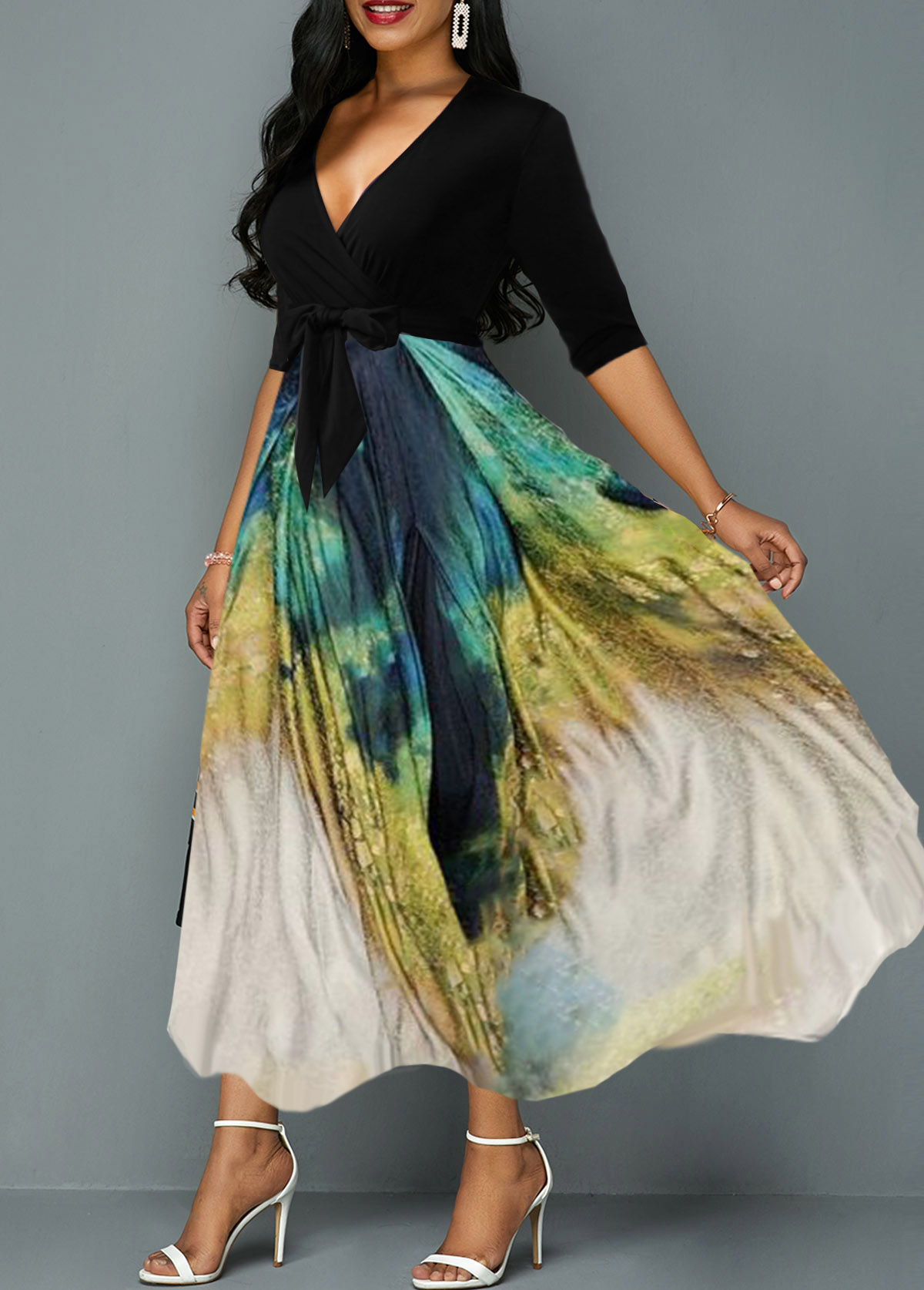 Black dresses,Tie Dye dresses,ROTITA Plunging Neck Tie Dye Print Belted Maxi Dress