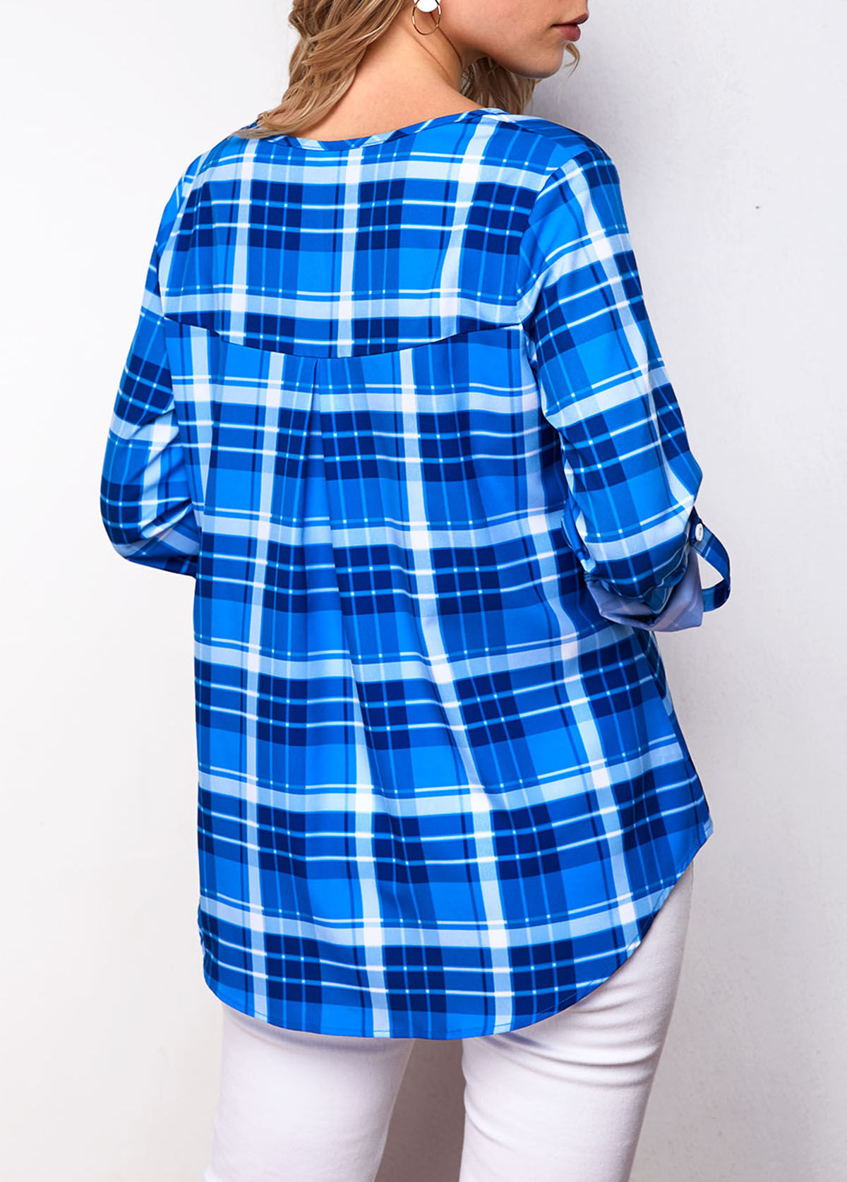 Blue tops,Plaid tops,ROTITA Plaid Print Roll Tab Sleeve Blouse