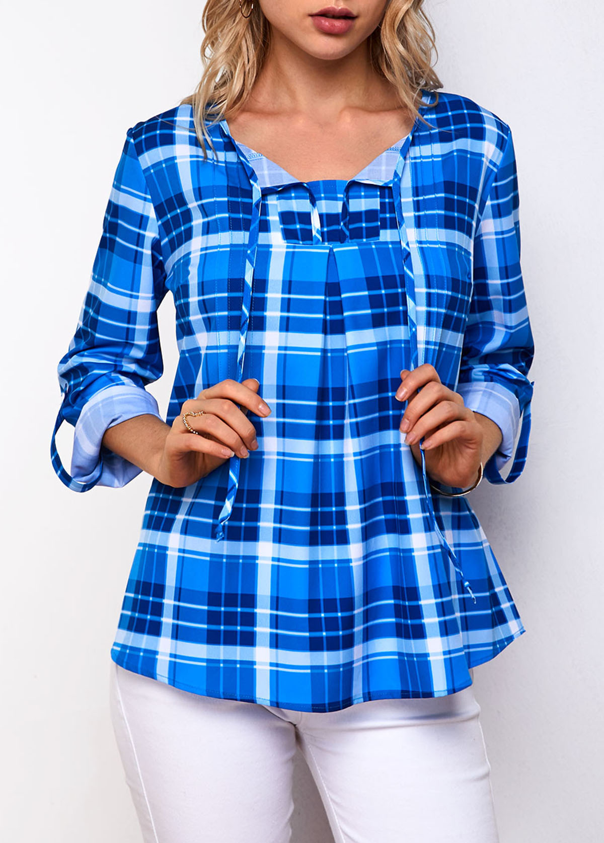Blue tops,Plaid tops,ROTITA Plaid Print Roll Tab Sleeve Blouse