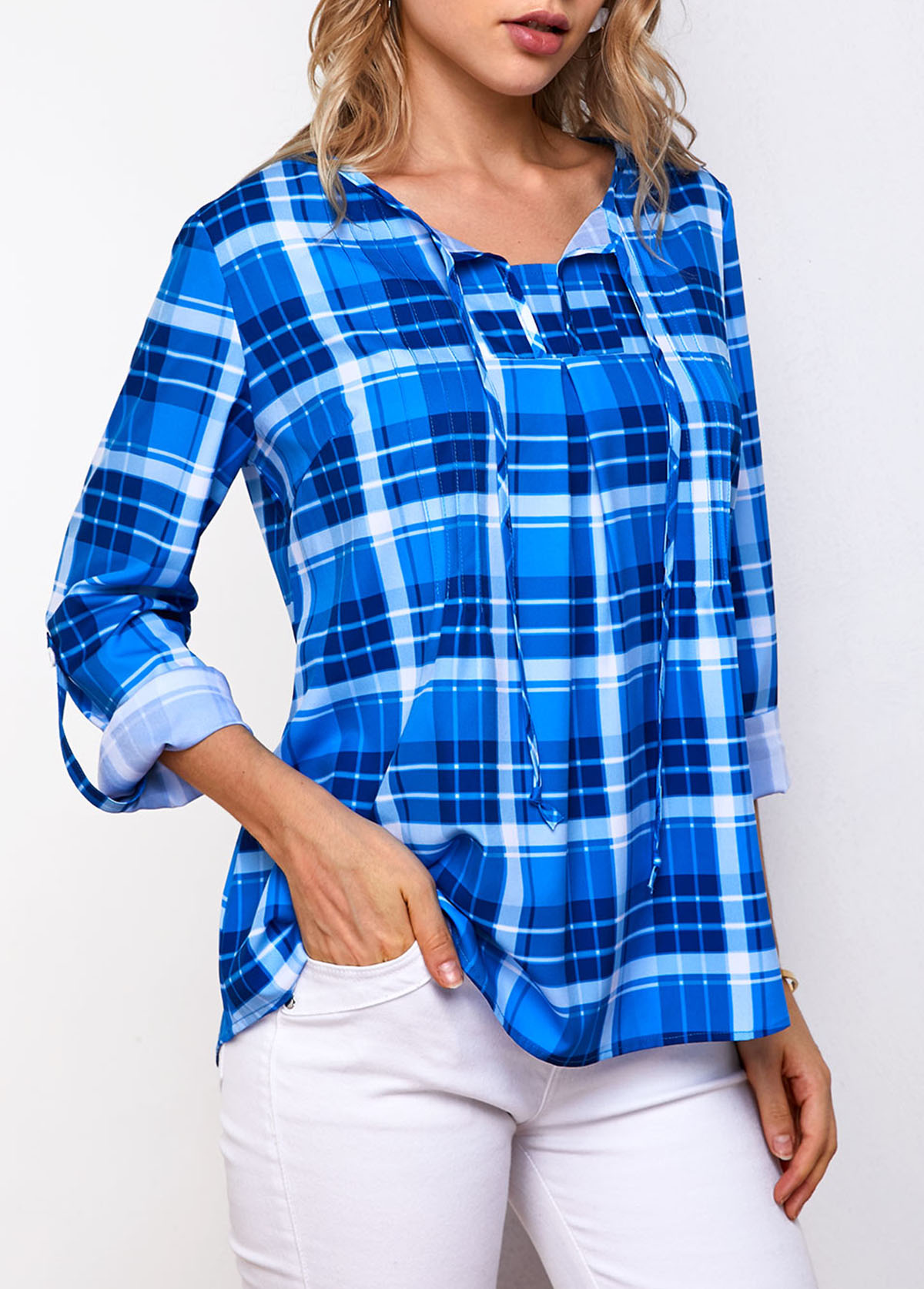 Blue tops,Plaid tops,ROTITA Plaid Print Roll Tab Sleeve Blouse