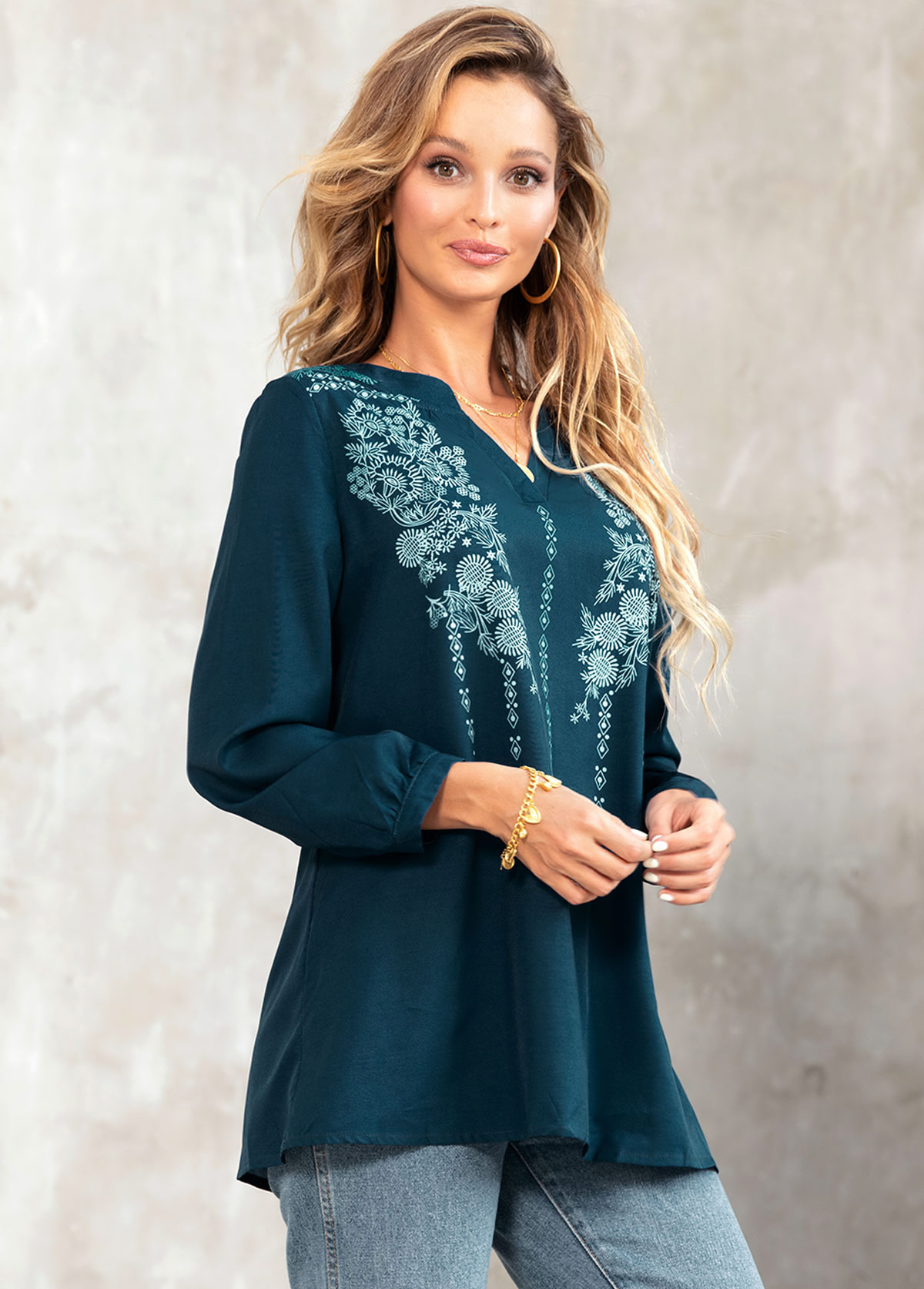 Green tops,Floral tops,ROTITA Split Neck Tribal Print Long Sleeve Blouse