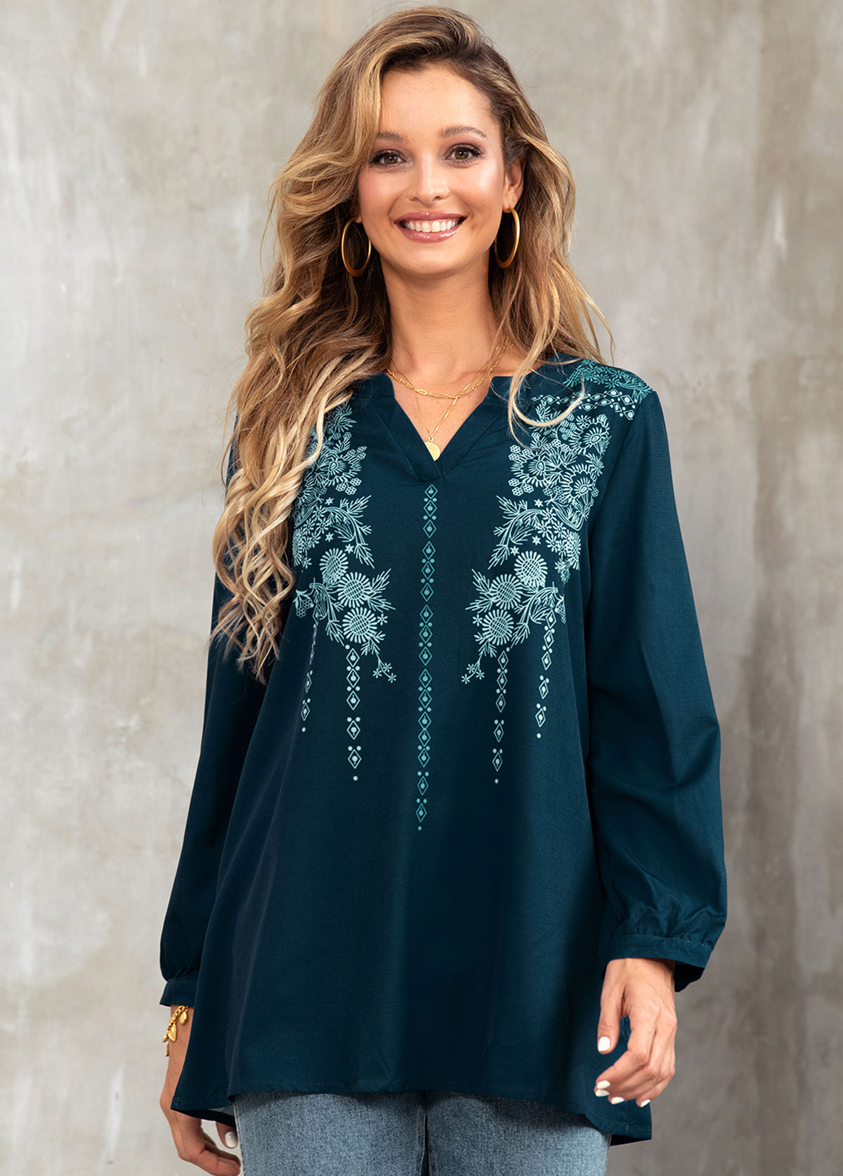 Green tops,Floral tops,ROTITA Split Neck Tribal Print Long Sleeve Blouse