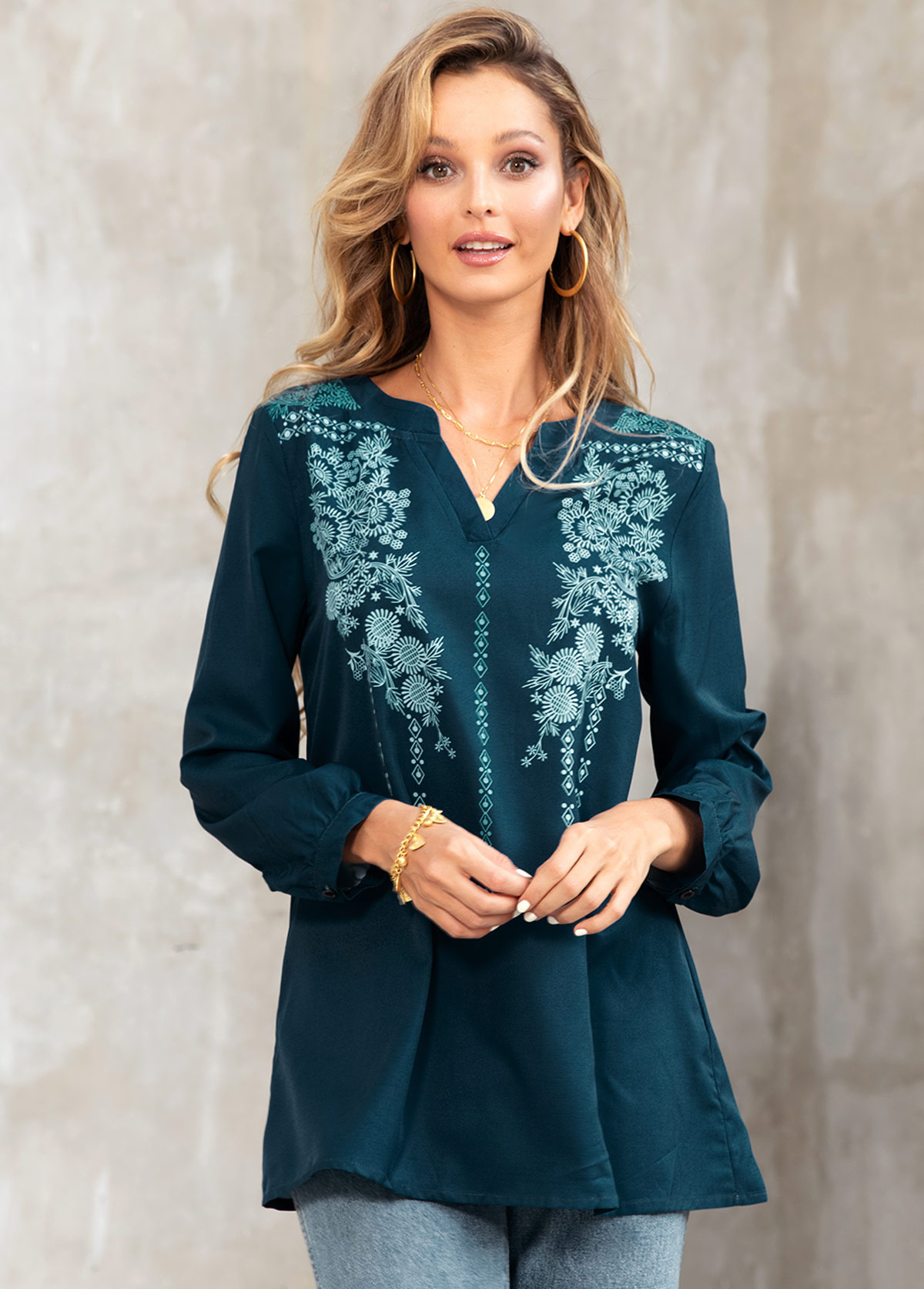 Green tops,Floral tops,ROTITA Split Neck Tribal Print Long Sleeve Blouse