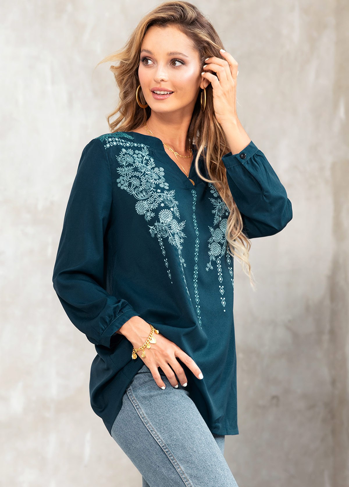 Green tops,Floral tops,ROTITA Split Neck Tribal Print Long Sleeve Blouse