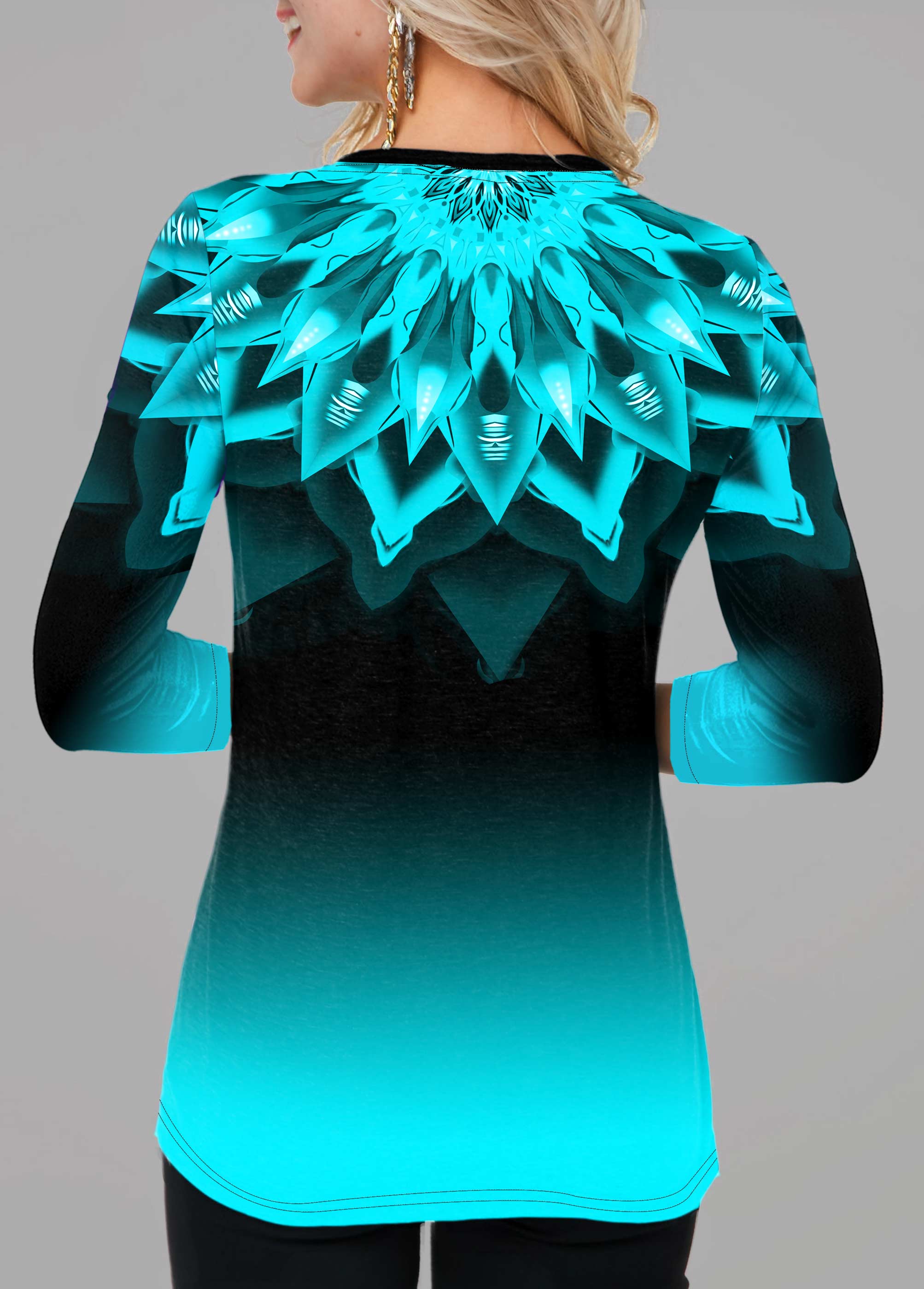 Blue tops,Ombre tops,ROTITA Long Sleeve Printed Ombre Button T Shirt