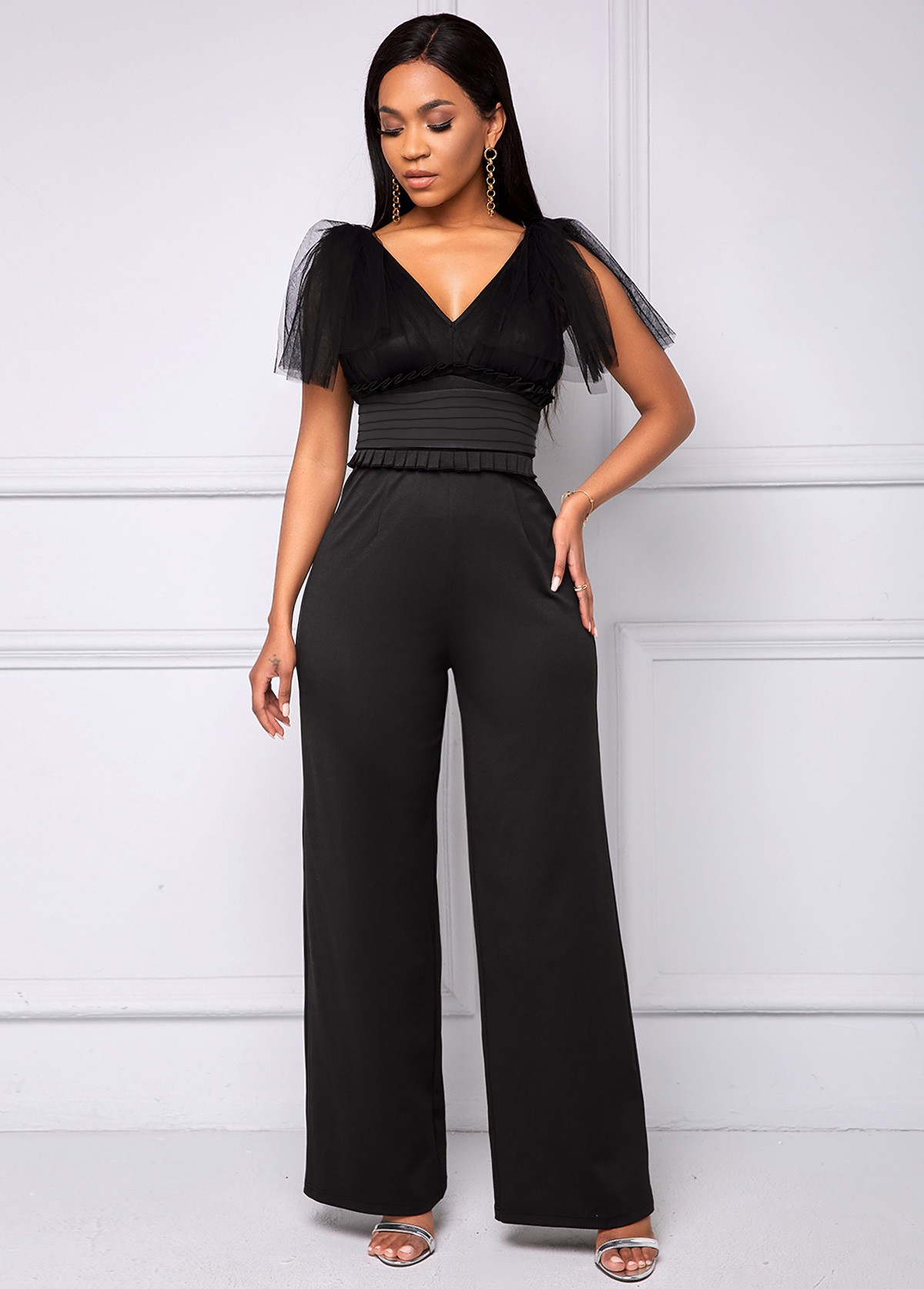 ROTITA Black Mesh Stitching V Neck Jumpsuit