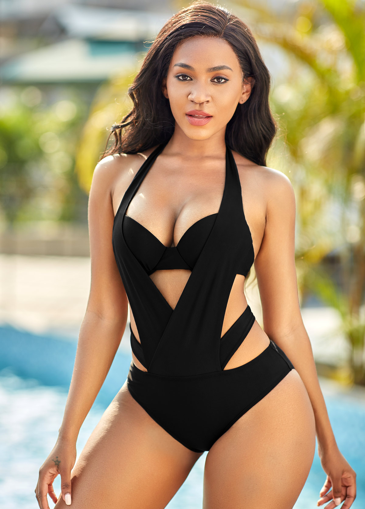 Black swimwear,Plain Color swimwear,ROTITA Cutout Detail Halter One Piece Swimwear