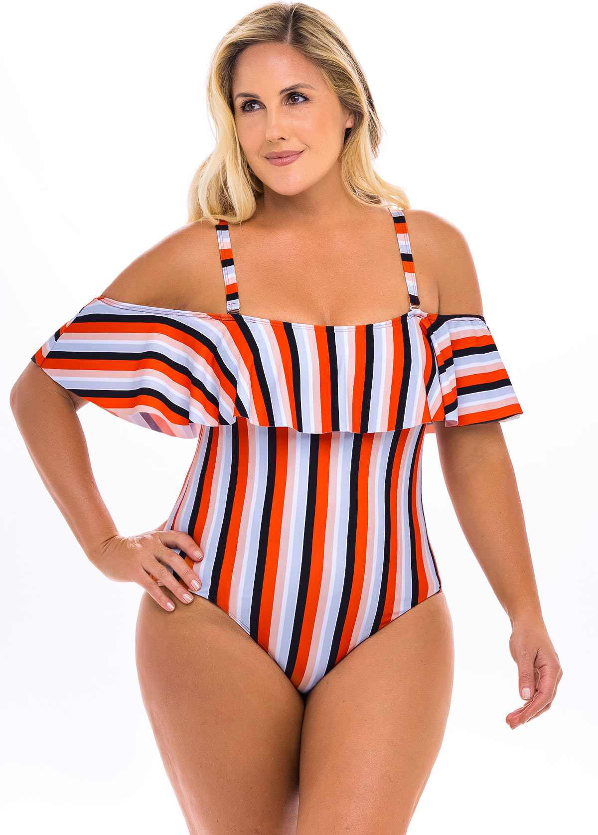 ROTITA Plus Size Cold Shoulder Striped One Piece Swimwear