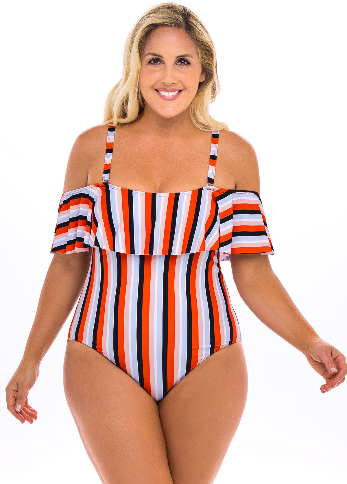 Multi Color plus size,Striped plus size,ROTITA Plus Size Cold Shoulder Striped One Piece Swimwear