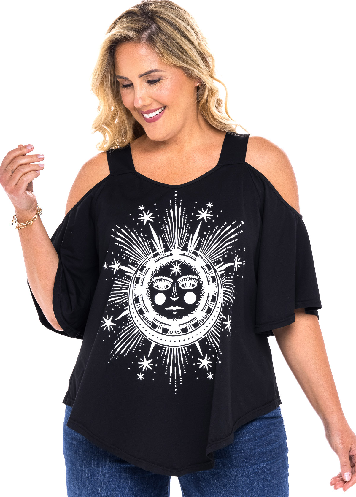 ROTITA T-shirt Imprimé Astrologie à Epaule Dénudée de Grande Taille