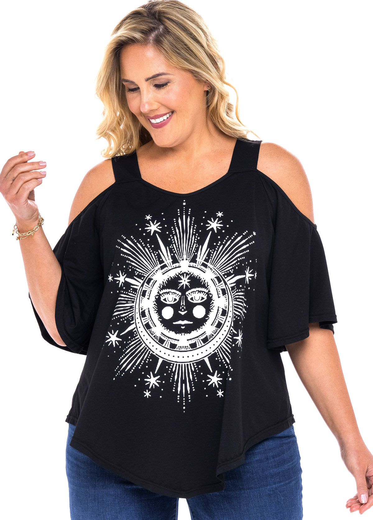 Black plus size,Floral plus size,ROTITA Cold Shoulder Plus Size Astrology Print T Shirt