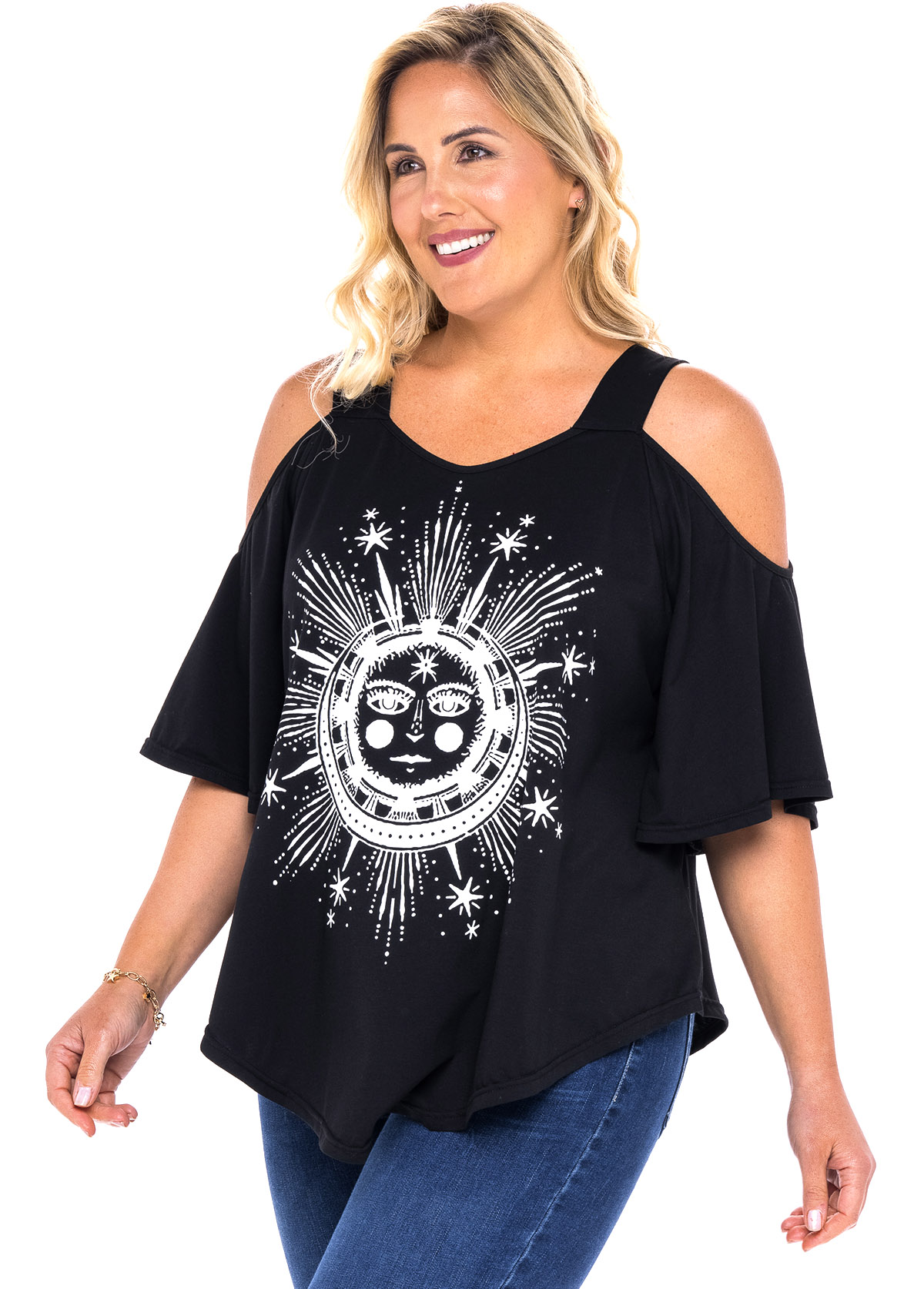 Black plus size,Floral plus size,ROTITA Cold Shoulder Plus Size Astrology Print T Shirt