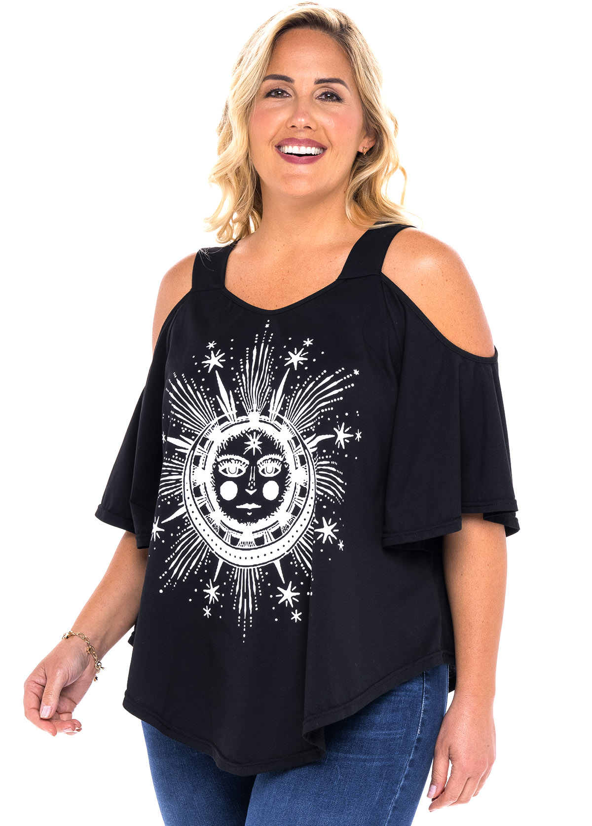 Black plus size,Floral plus size,ROTITA Cold Shoulder Plus Size Astrology Print T Shirt