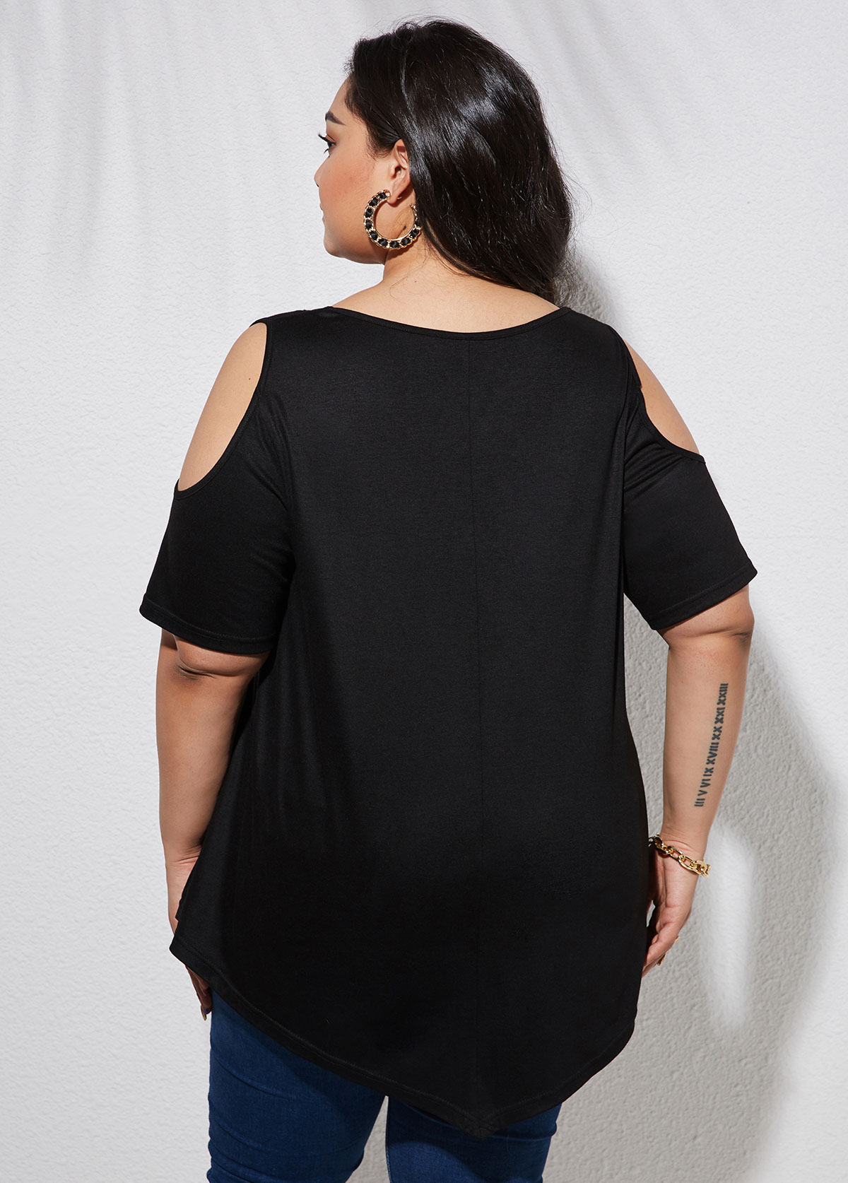 Black plus size,Plain Color plus size,ROTITA Plus Size Cold Shoulder Lace Up T Shirt