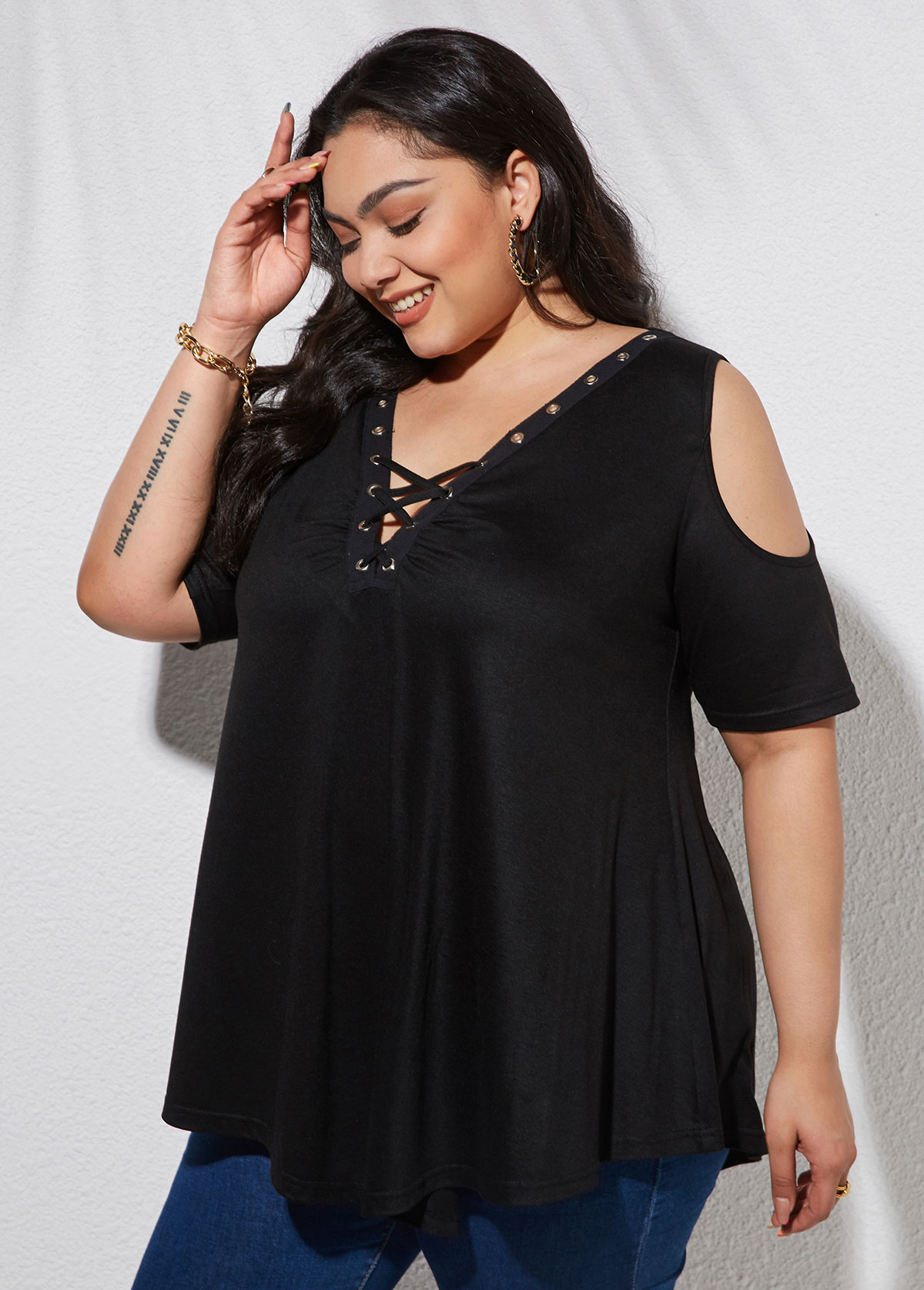 Black plus size,Plain Color plus size,ROTITA Plus Size Cold Shoulder Lace Up T Shirt