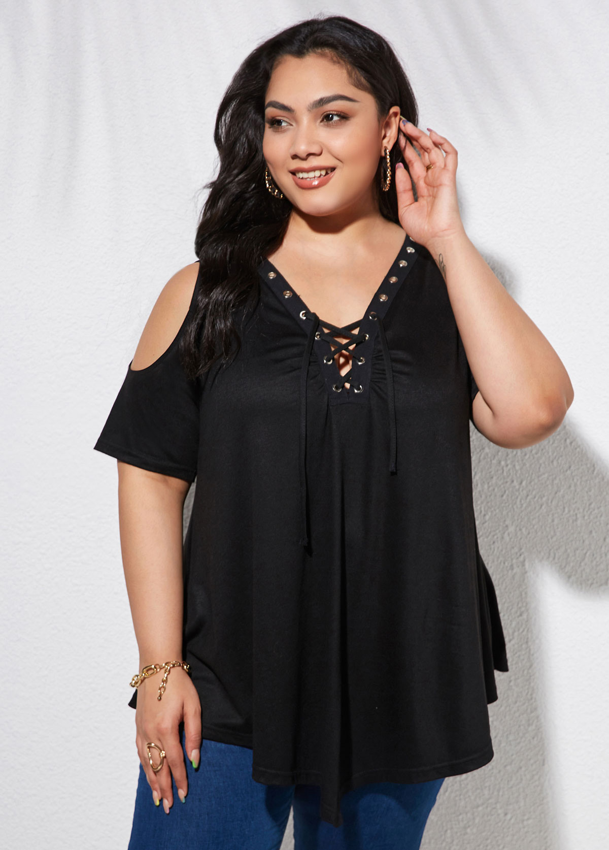 Black plus size,Plain Color plus size,ROTITA Plus Size Cold Shoulder Lace Up T Shirt