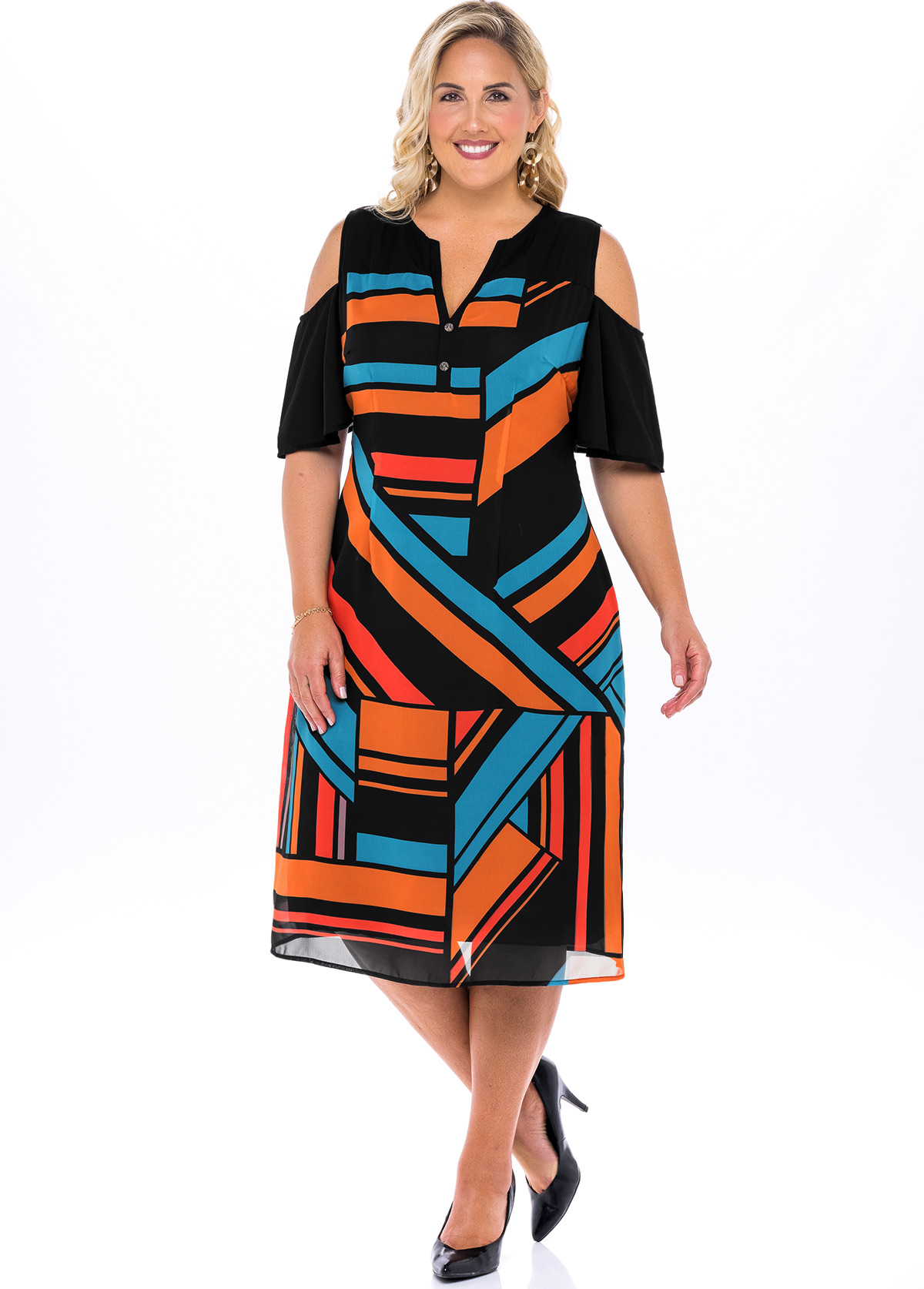 Multi Color plus size,Geometric plus size,ROTITA Chiffon Plus Size Geometric Print Dress