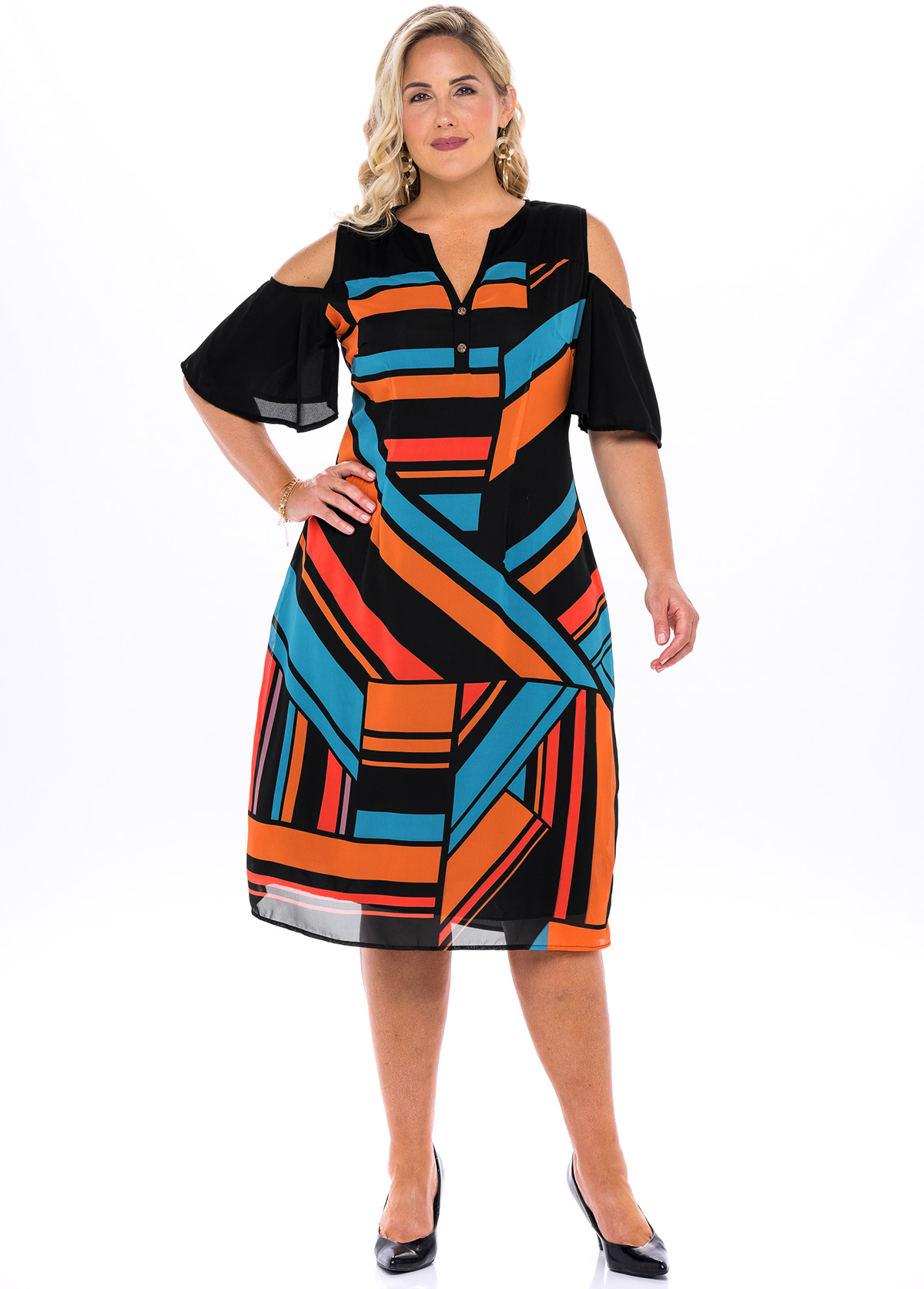 Multi Color plus size,Geometric plus size,ROTITA Chiffon Plus Size Geometric Print Dress