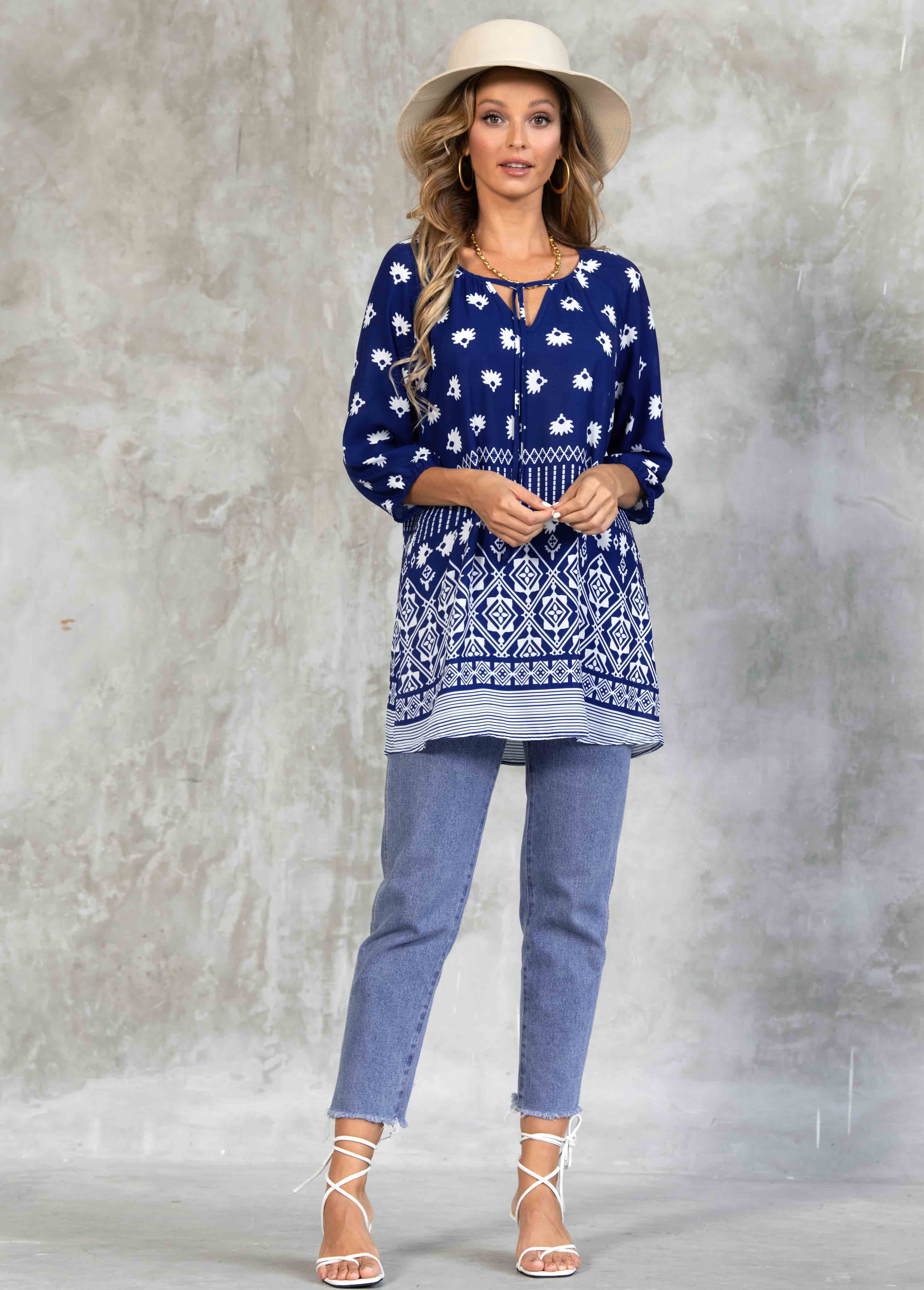 Navy tops,Tribal tops,ROTITA Tie Front 3/4 Sleeve Tribal Print Blouse
