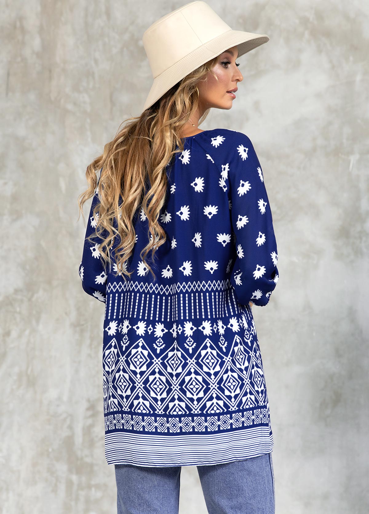 Navy tops,Tribal tops,ROTITA Tie Front 3/4 Sleeve Tribal Print Blouse