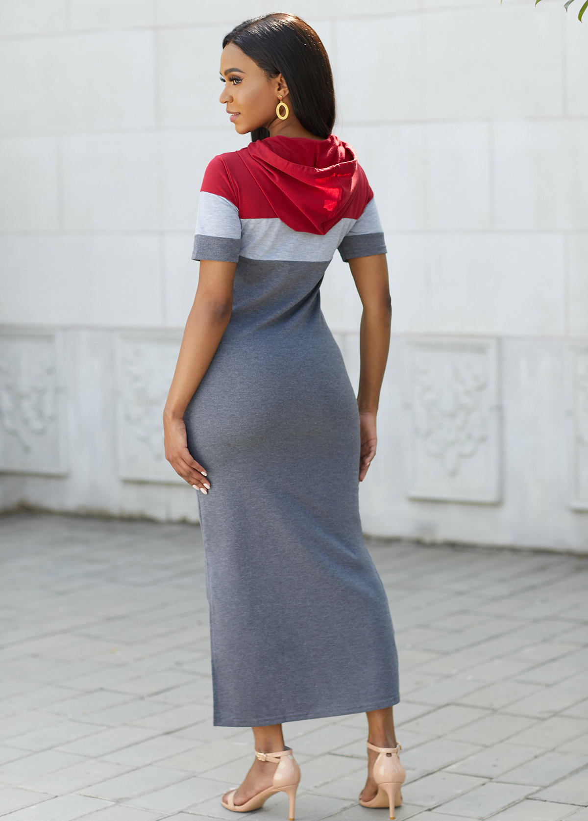 Grey dresses,Contrast Color dresses,Drawstring Hooded Collar Contrast Maxi Dress