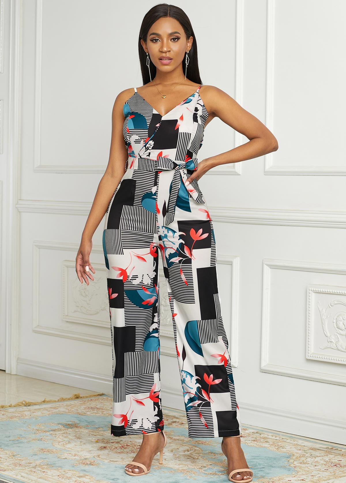 White jumpsuits&rompers,Geometric jumpsuits&rompers,Spaghetti Strap Wide Leg Geometric Print Jumpsuit