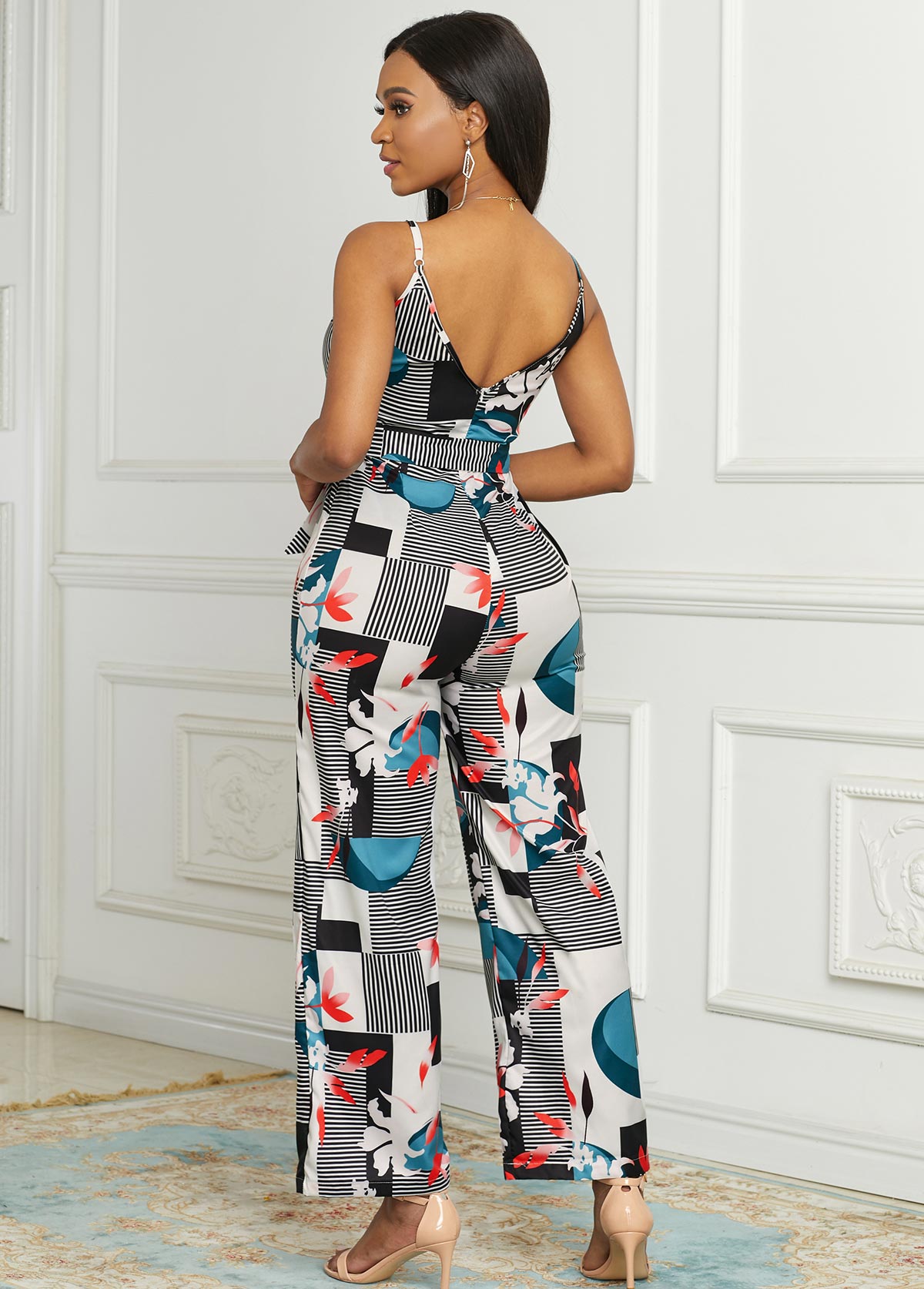 White jumpsuits&rompers,Geometric jumpsuits&rompers,Spaghetti Strap Wide Leg Geometric Print Jumpsuit