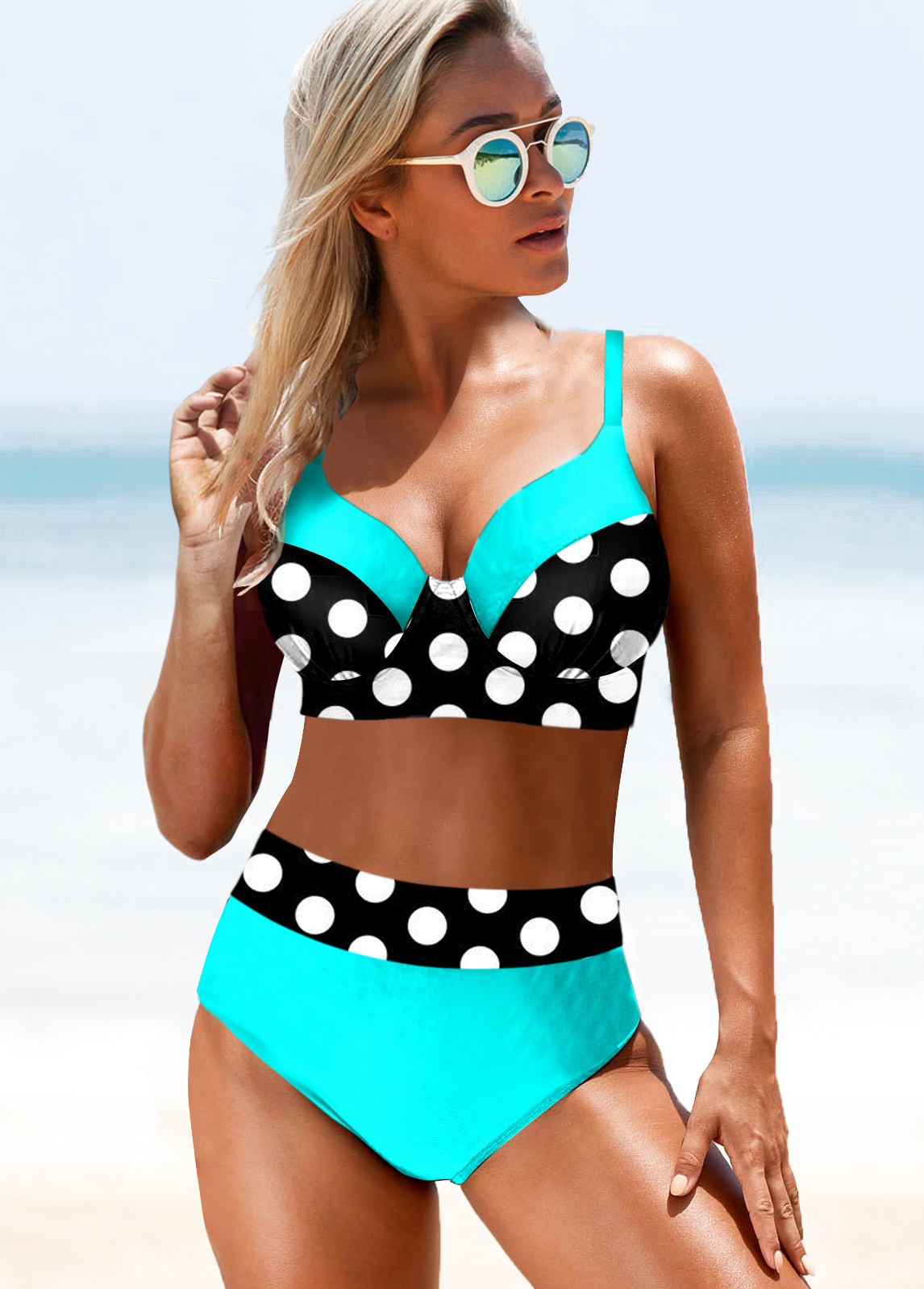 Cyan swimwear,Dot swimwear,ROTITA Polka Dot High Waisted Contrast Bikini Set