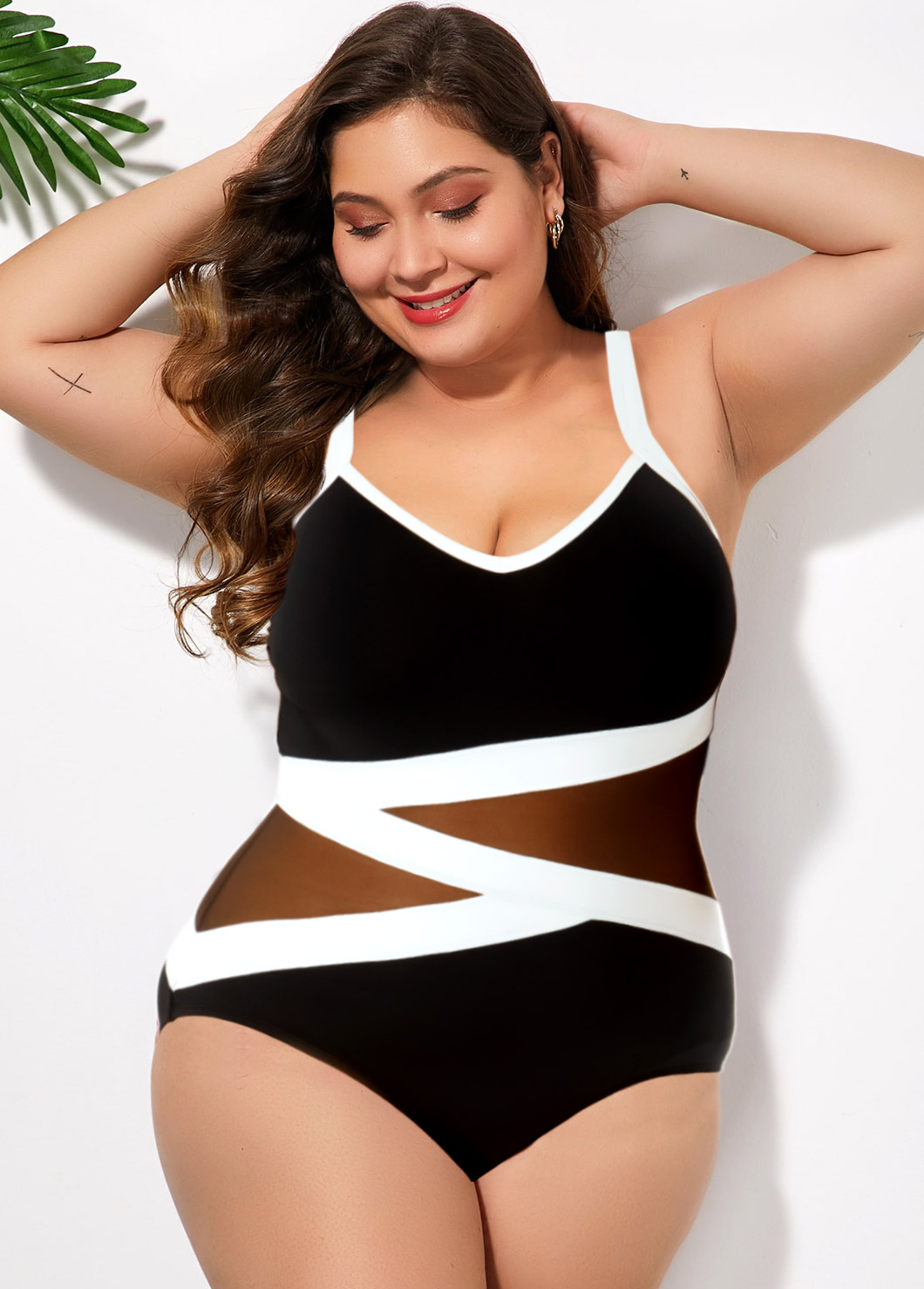 Multi Color plus size,Contrast Color plus size,ROTITA Plus Size Mesh Stitching Contrast One Piece Swimwear
