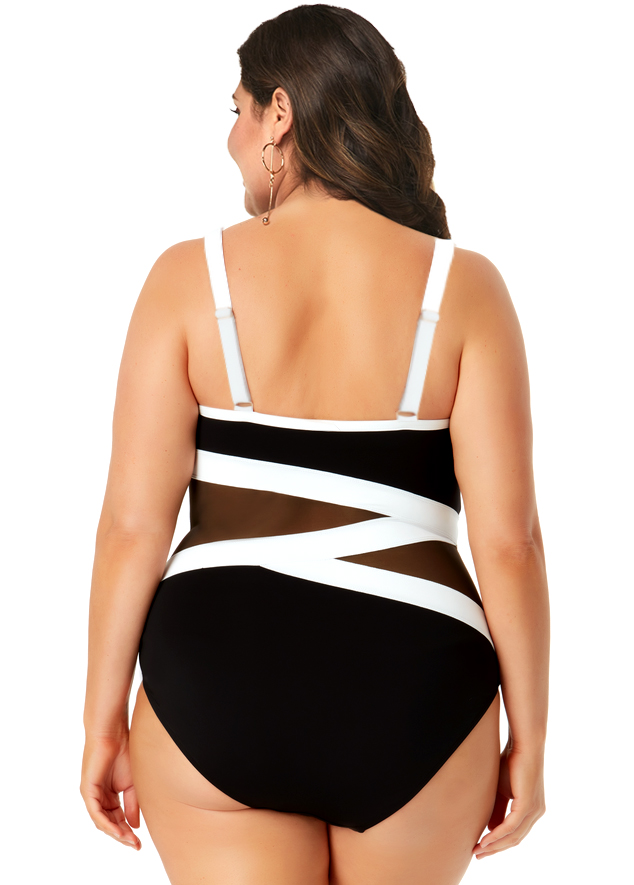 Multi Color plus size,Contrast Color plus size,ROTITA Plus Size Mesh Stitching Contrast One Piece Swimwear