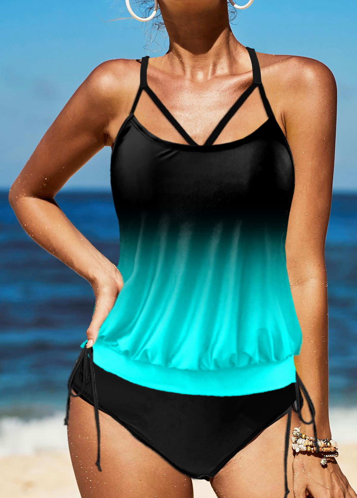 Cyan swimwear,Ombre swimwear,ROTITA Criss Cross Back Gradient Tie Side Tankini Set