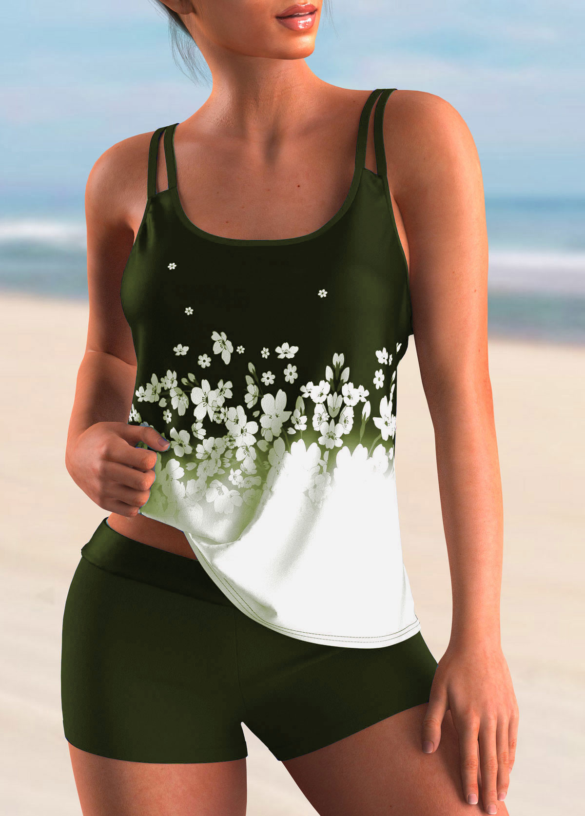 Olive Green swimwear,Ditsy Floral swimwear,ROTITA Floral Print Spaghetti Strap Ombre Tankini Set 