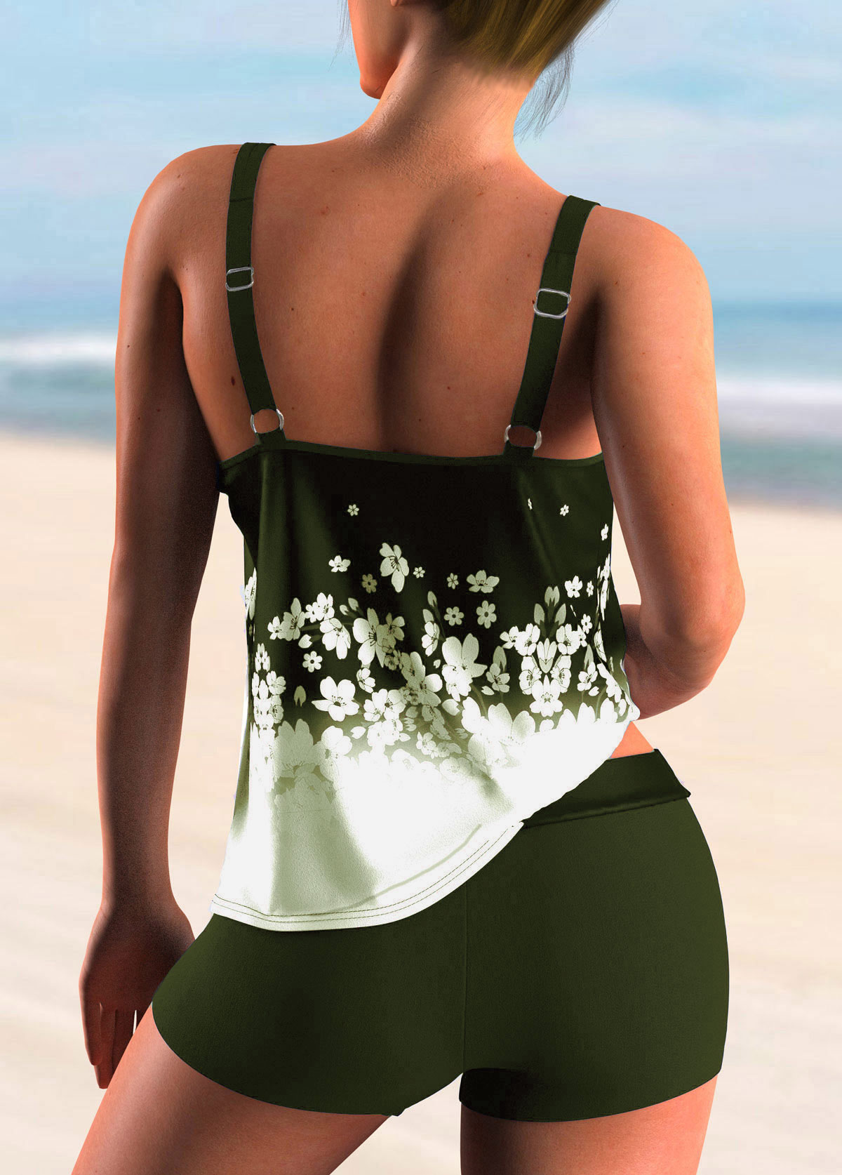 Olive Green swimwear,Ditsy Floral swimwear,ROTITA Floral Print Spaghetti Strap Ombre Tankini Set 