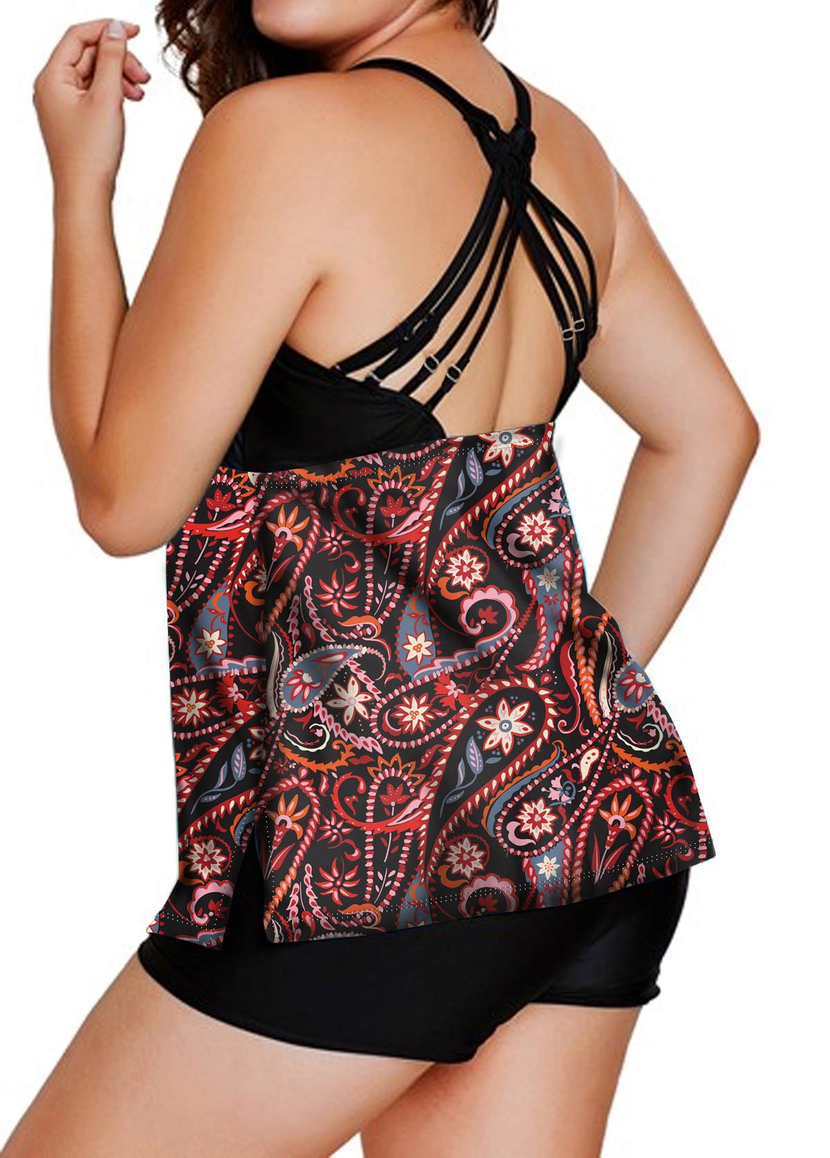 Black plus size,Paisley plus size,ROTITA Paisley Print Plus Size Criss Cross Back Tankini Set 